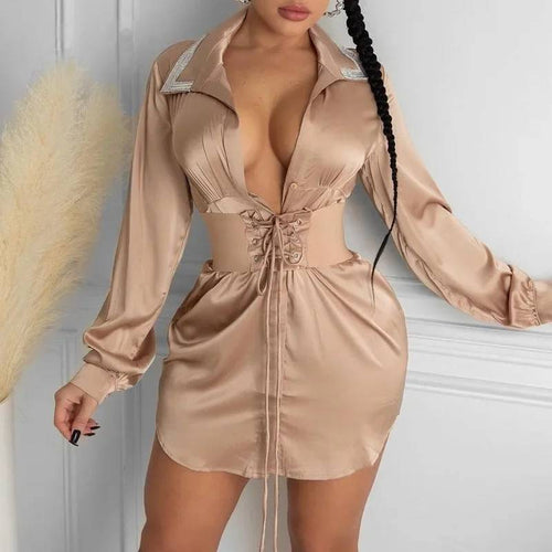 Damklänning Mini V-Hals Figursydd Polyester och Bomull-1