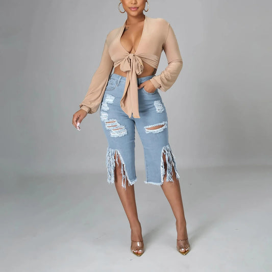 Dam Denim-Bermuda Shorts med Fransar i 100% Bomull-1