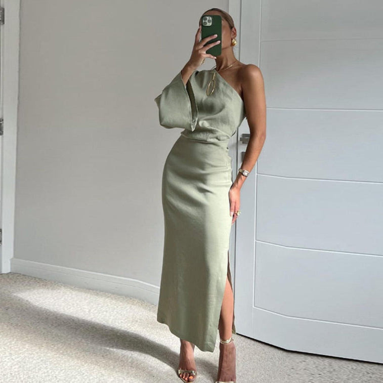 Kvinnors Satin Klänning En Axel Chic-2