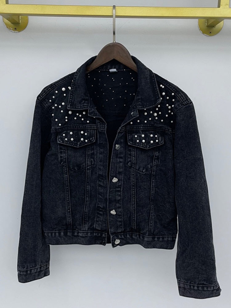 Jeansjacka Dam med Pärldekoration Avslappnad Denim 6