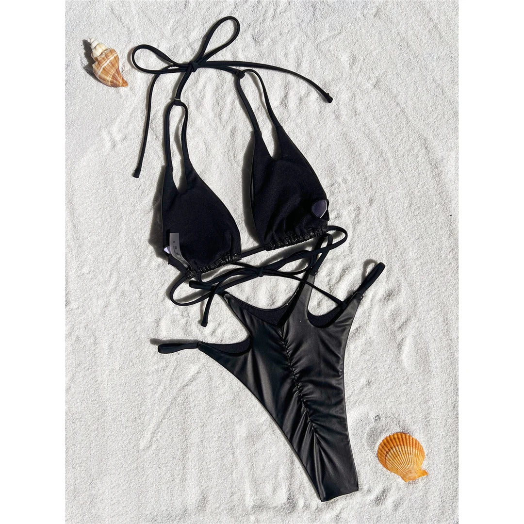 Dam Bikini Enkel Polyester Spandex för Strand och Simning-5