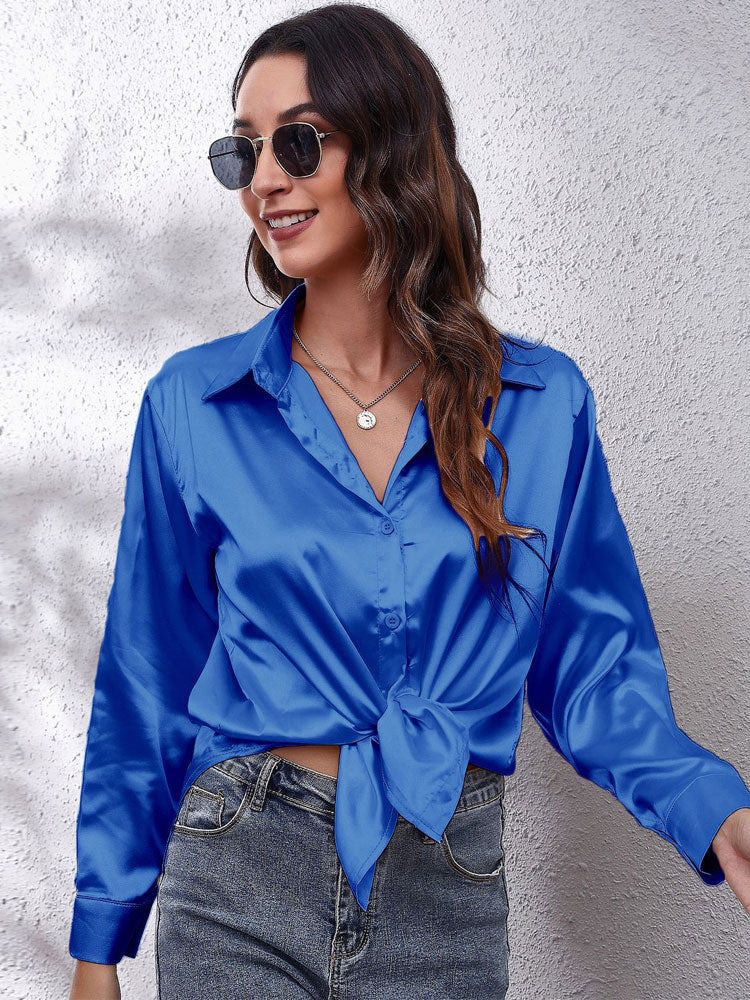 Kvinnors Blus Satin Avslappnat Snitt Långa Ärmar-4