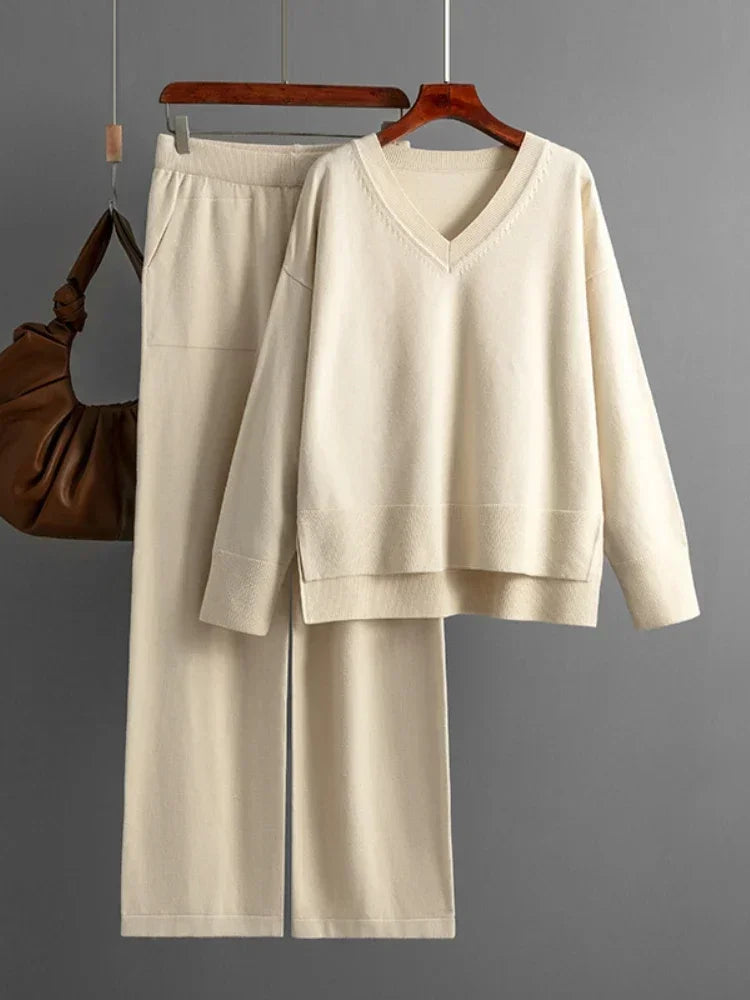 Variant image for Kvinnors Lounge Set Avslappnad V-ringning Mjuk Stickad Fiber-2