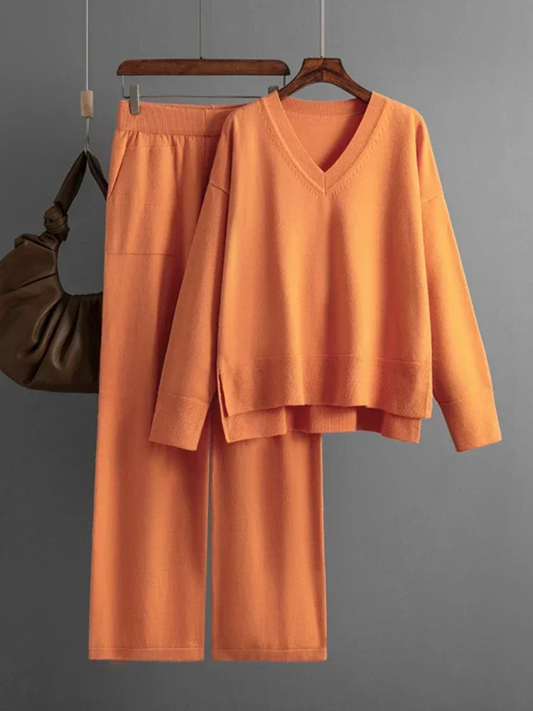 Variant image for Kvinnors Lounge Set Avslappnad V-ringning Mjuk Stickad Fiber-6