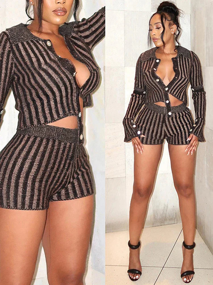 Dam Shorts Set Avslappnad Randig Bomull Polyester-6