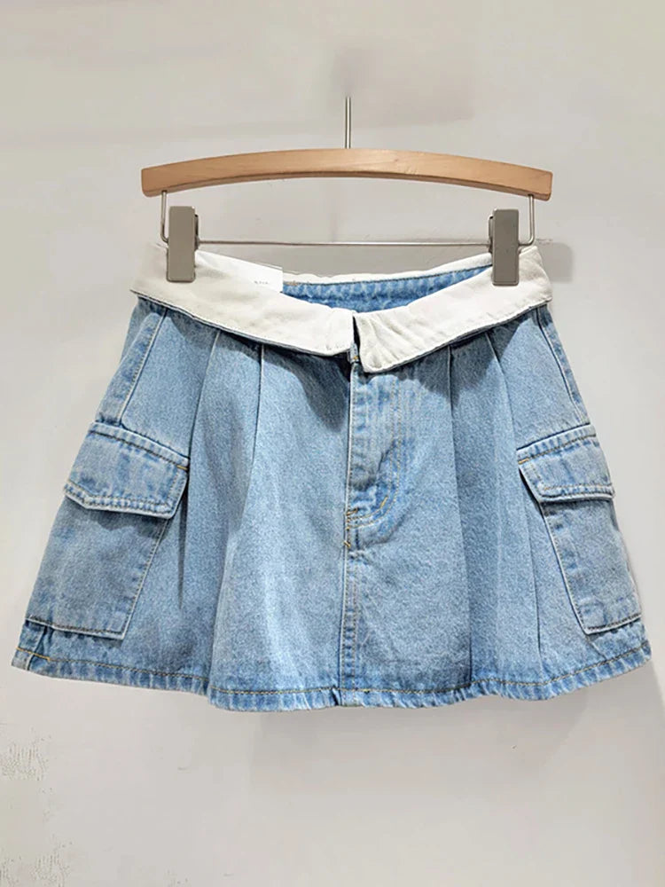 Dam A-linje Kjol Patchwork Ull med Fickor-1