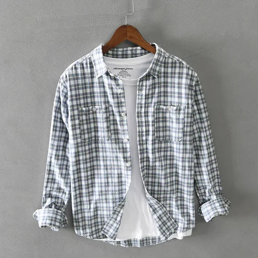 Herrskjorta i Vintage Stil med BlĂ„tt Caro-tryck, Normal Passform, 100% Bomull â Perfekt för Sommardagar 1