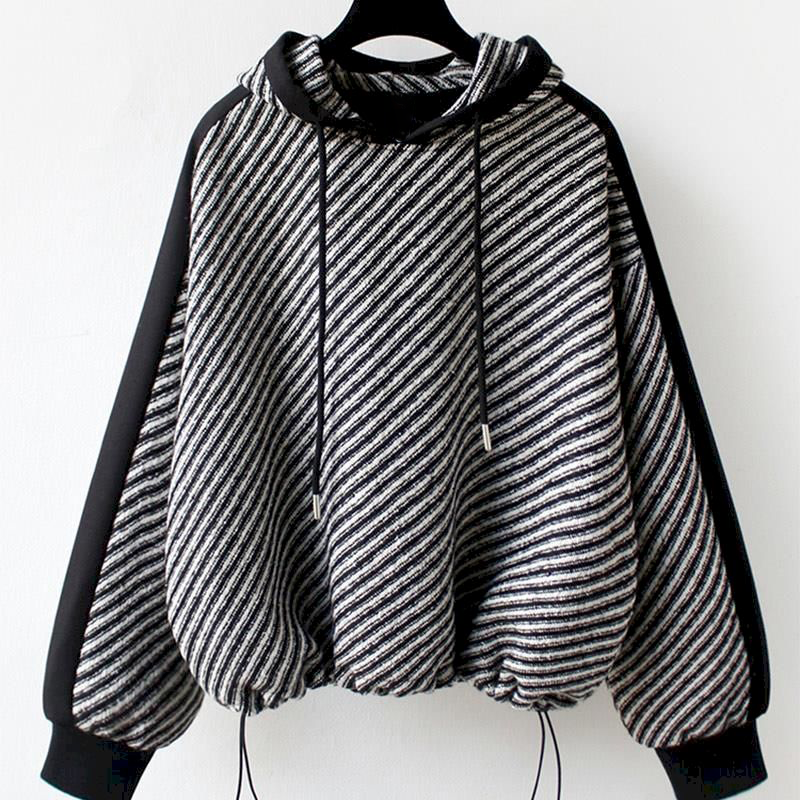 Dam Hoodie Randig Mjuk Bomull-1