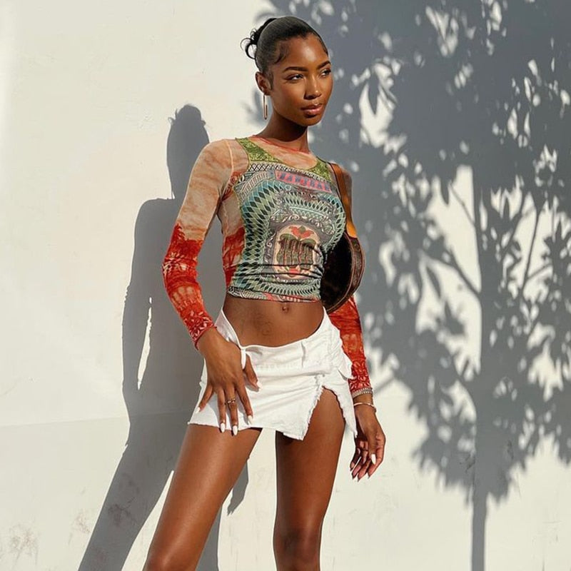 Dam Långärmad Topp Mesh Tatueringstryck-3