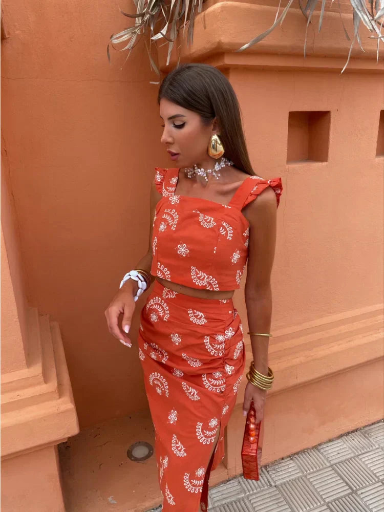 Kvinna Tvådelad Boho Uppsättning Kort Topp Midi Kjol Lätt Andningsbart Tyg-3