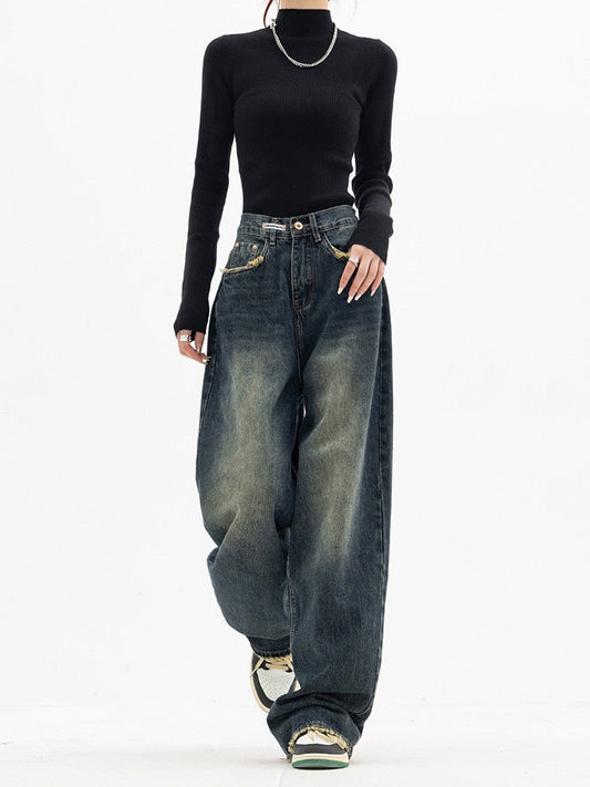 Kvinnors Baggy Wide Ben Jeans Hög Midja Denim 1