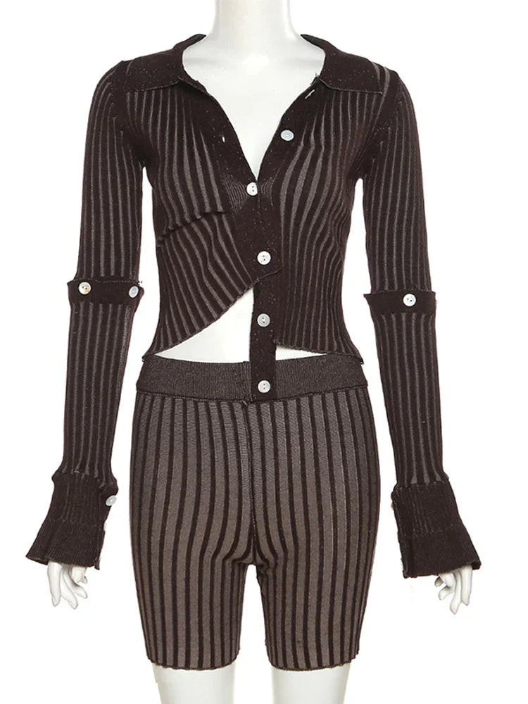 Dam Shorts Set Avslappnad Randig Bomull Polyester-1