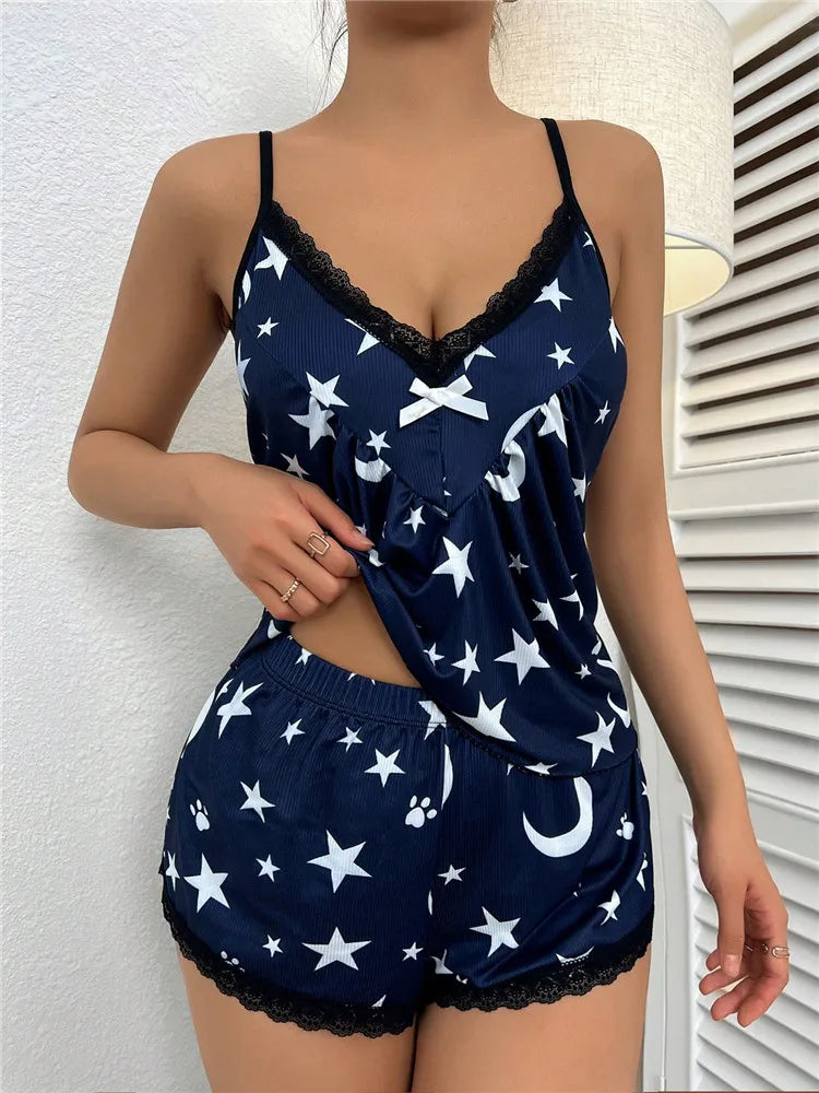 Dam Pyjamas Set Ärmlös V-ringning Mjuk Polyester Spandex Stjärnmönster-1