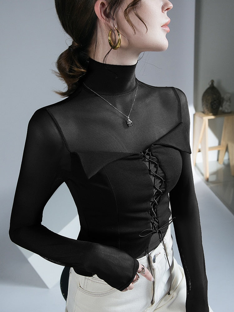 Dam Blus Turtleneck Långärmad Polyester för Mångsidig Styling-5