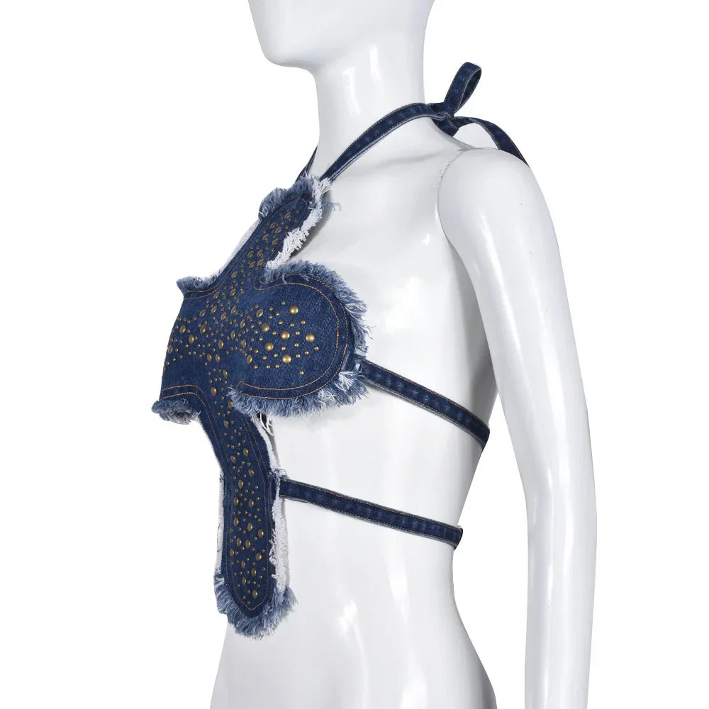 Dam Kort Topp Denim Bomull Polyester-6