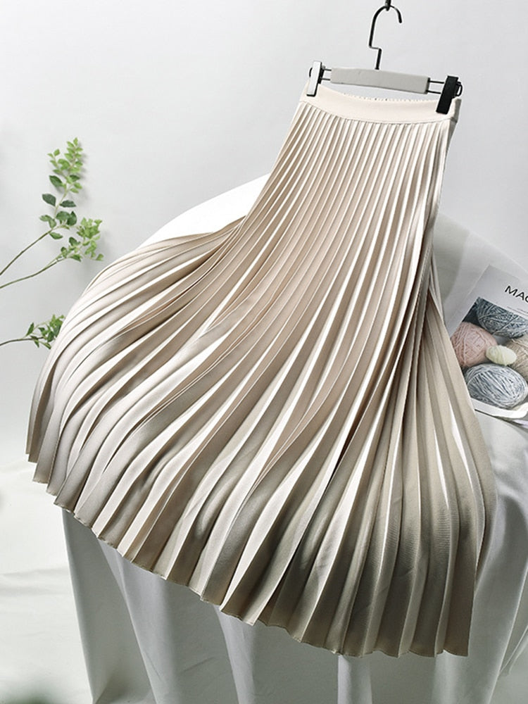 Dam Hög Midja Veckad Lång Kjol Polyester Elastan-1