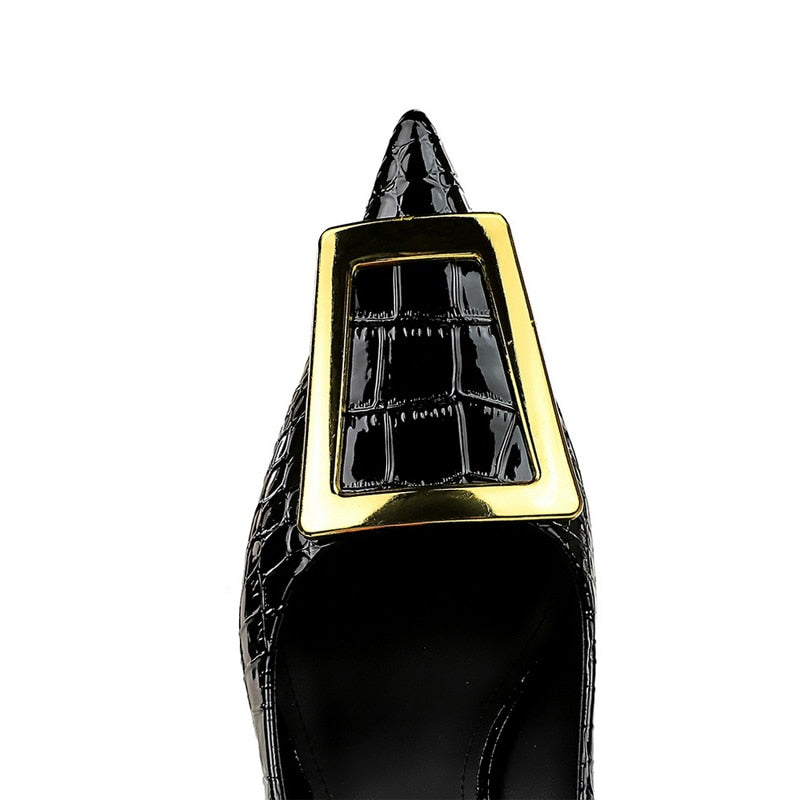 Dam Stilettos Krokodilstruktur PU-läder Spetsig Tå-3