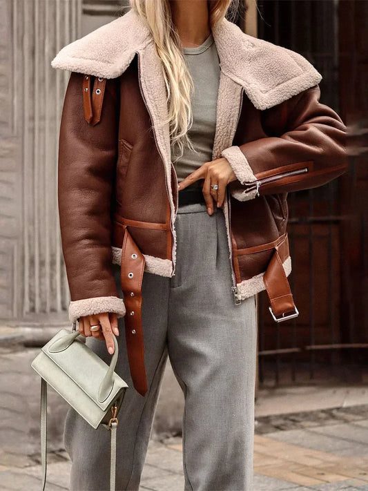 Damjacka i Syntetiskt Läder med Fårskinn – Traditionell Pilotsilhuett, Svart, Normal Passform, Varm och Flexibel 1