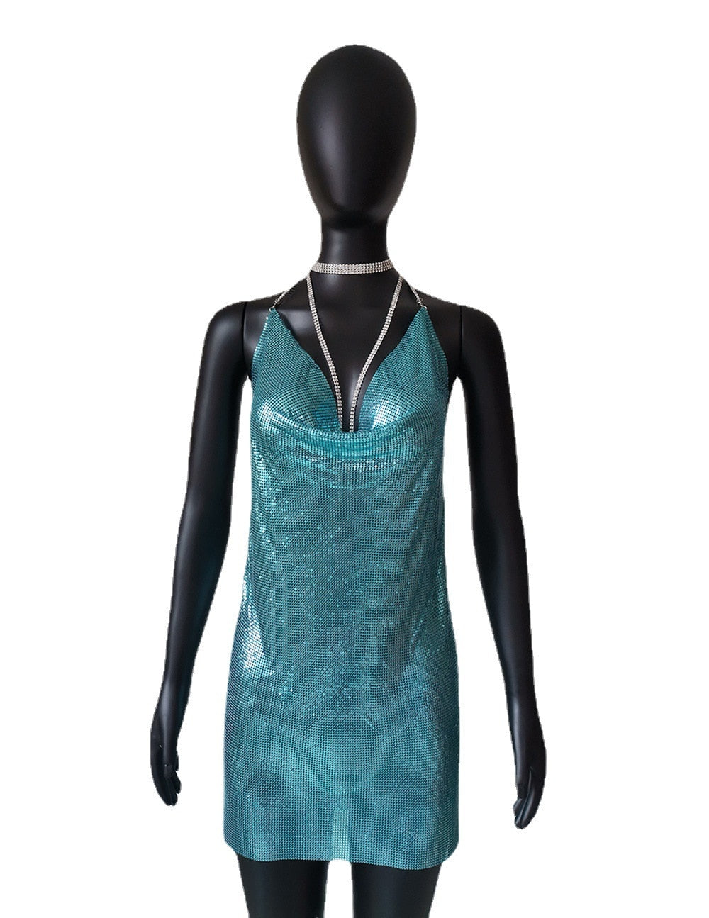 Glittrig Svart Miniklänning med Ryggfri V-Neck Design – Perfekt för Fest och Middag 2