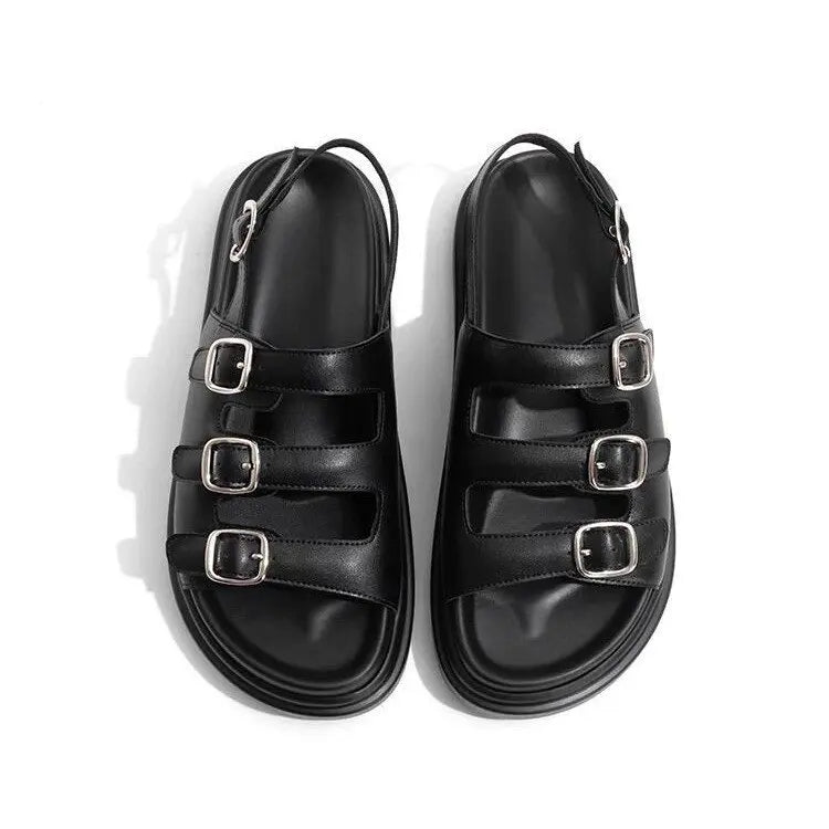 Dam Sandaler Läder med Tre Spännen och Gummisula-1