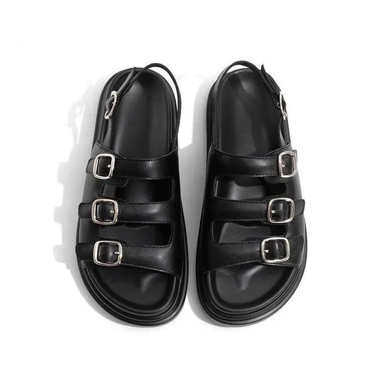 Dam Sandaler Läder med Tre Spännen och Gummisula-1