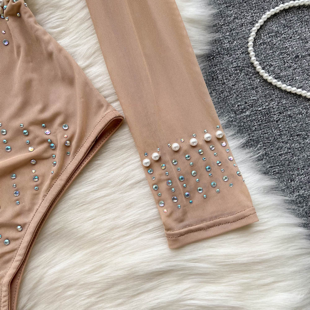Kvinnors Bodysuit Monokrom Polyester Med Rhinestones-2