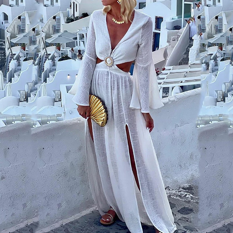 Dam Maxiklänning A-linje V-neck Polyester Långärmad-2