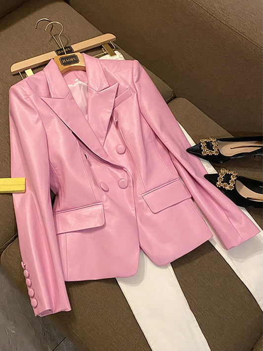 Dam Blazer Trendig Syntetiskt LĂ€der Spetsig Krage Relaxed Fit-1
