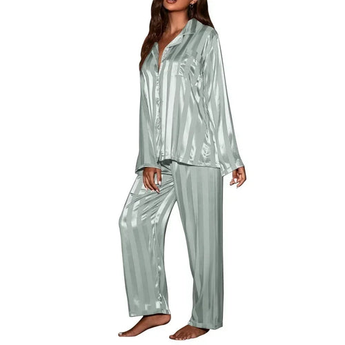 Dam Pyjamas Set V-hals Mjuk Polyester Långa Ärmar Fotledslängd Byxor-1