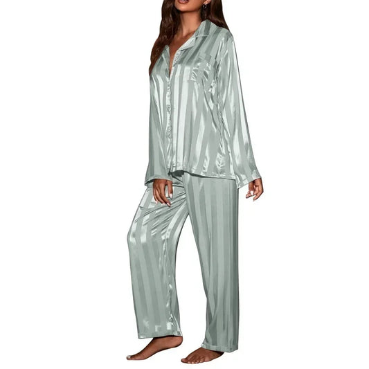 Dam Pyjamas Set V-hals Mjuk Polyester Långa Ärmar Fotledslängd Byxor-1