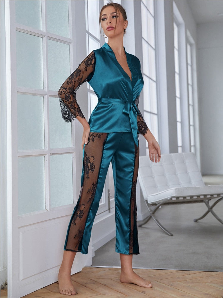 Dam Nattkläder V-ringad Patchwork Polyester och Spandex-2