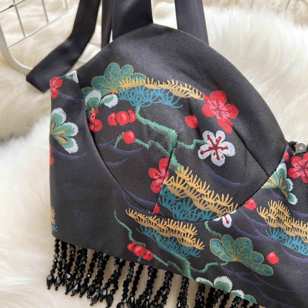 Blommigt Broderi Kvinna Kort Set i Mjuk Spandex – Topp och Minikjol för Sommarfester och Avslappnade Dagar 5