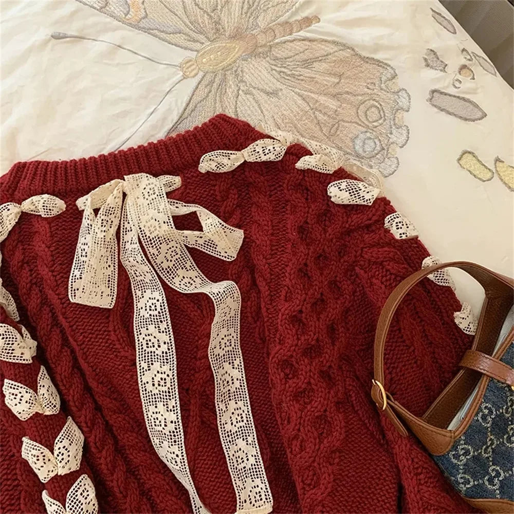 Dam Tröja Kålmönster med Snörning i Mjuk Bomull-4