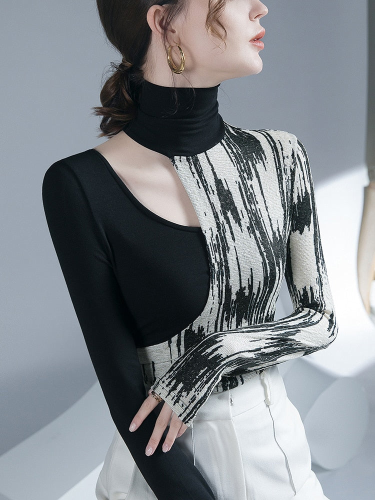 Dam Blus Geometrisk Viskos Semi-Transparent Rollkrage-3
