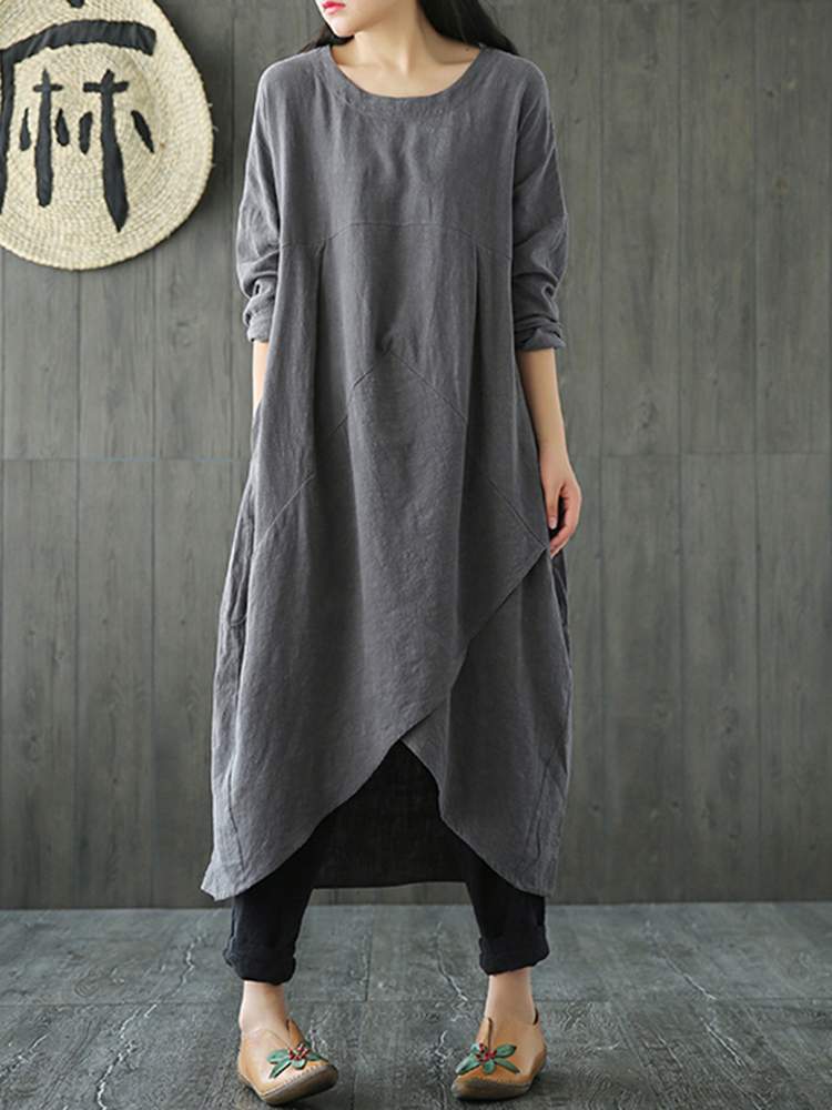 Damklänning Midi Asymmetrisk Långärmad Bomull-6