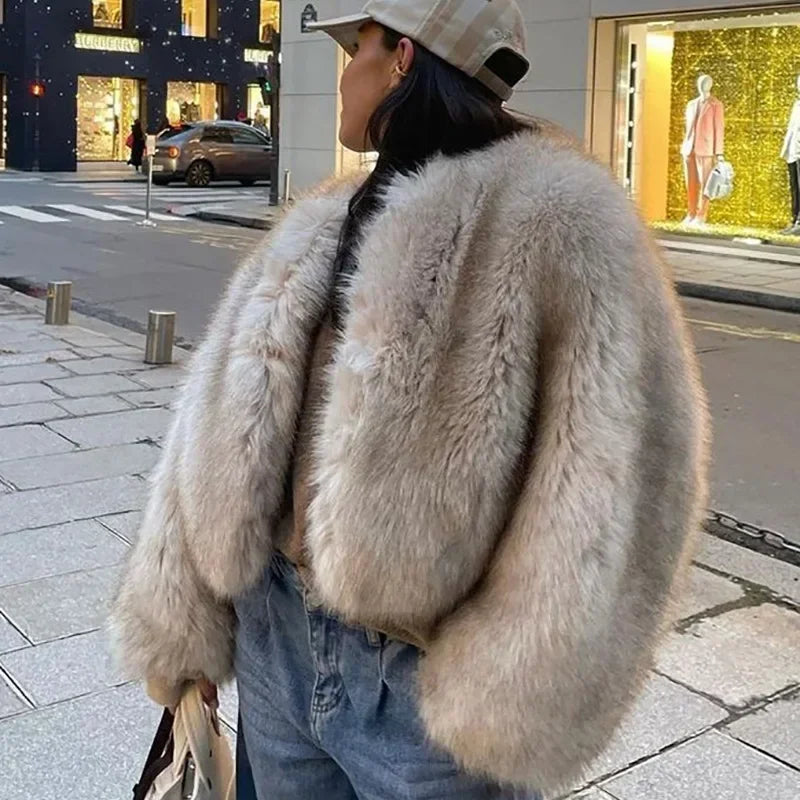 Kvinna Kappa Lyxig Design Konstgjord Päls-6