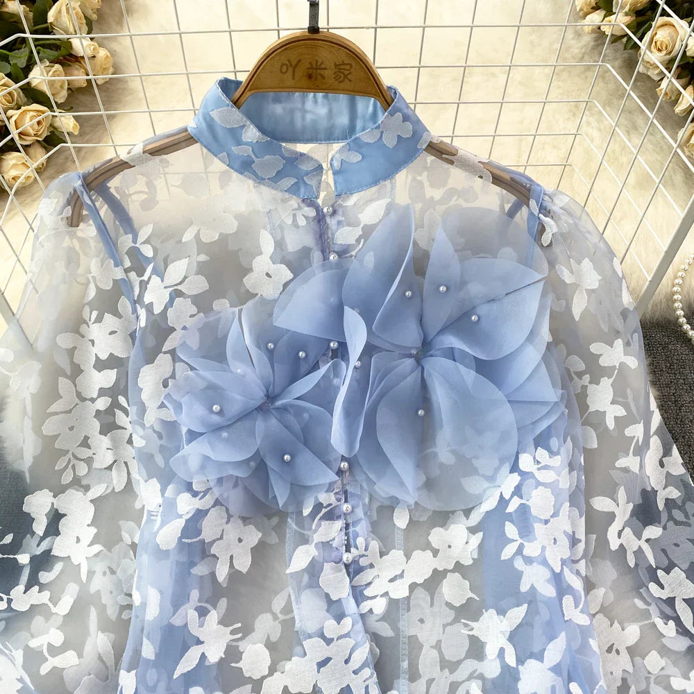 Dam Blus Blommönster Polyester Akryl Normal Passform-4