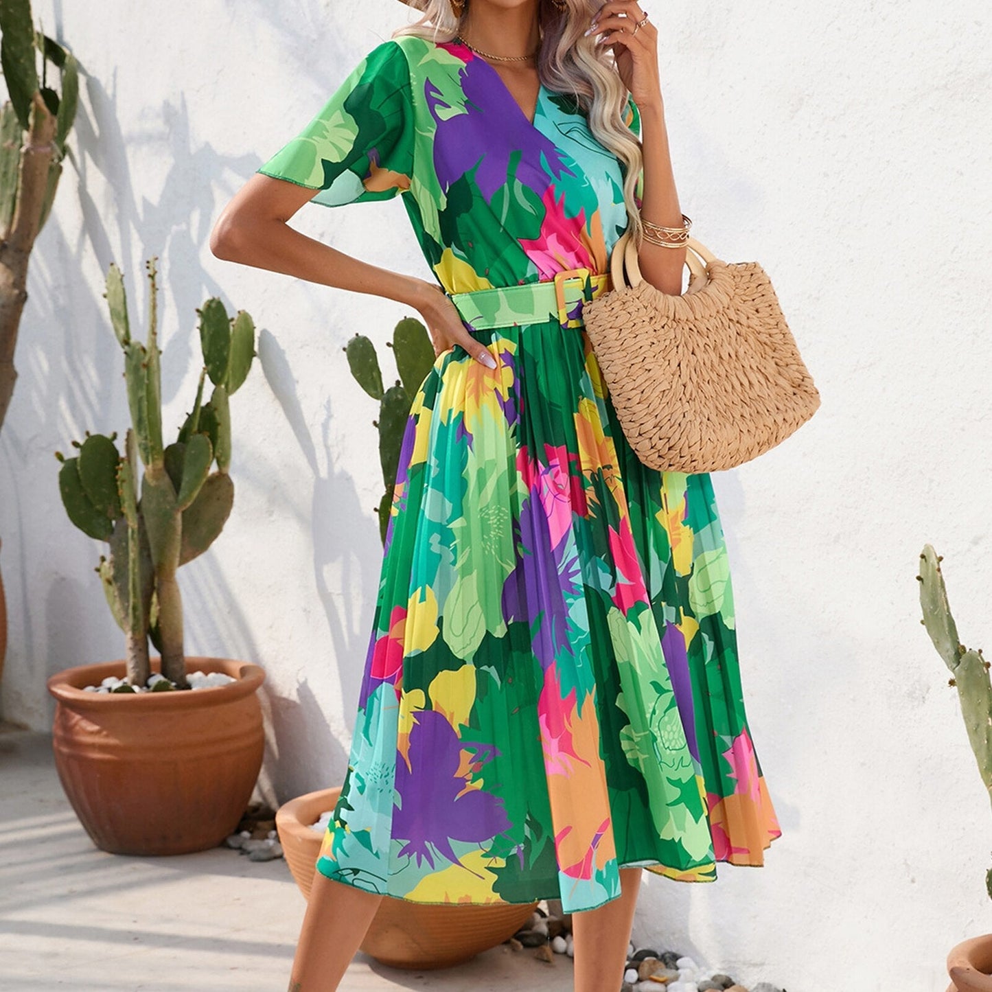 Kvinna Veckad Klänning Blommönster Polyester 3