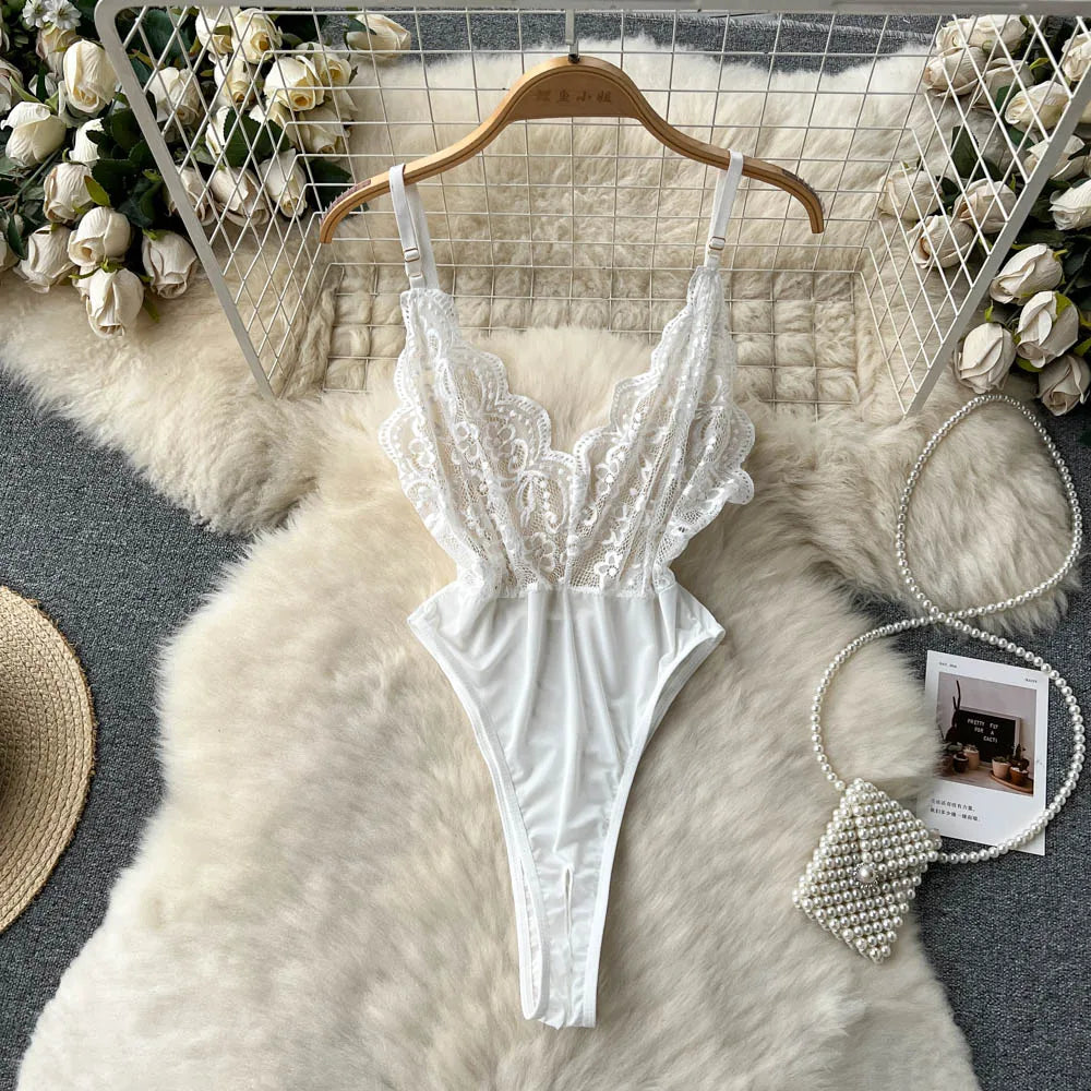 Dam Bodysuit Monokrom Spets Polyester Elegant Design 9