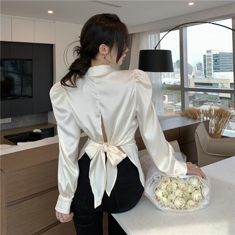 Dam Blus Puffärmar Satin Polyester-2