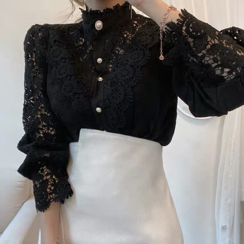 Dam Blus Blommönster Polyester och Bomull med Spetsdetalj-4