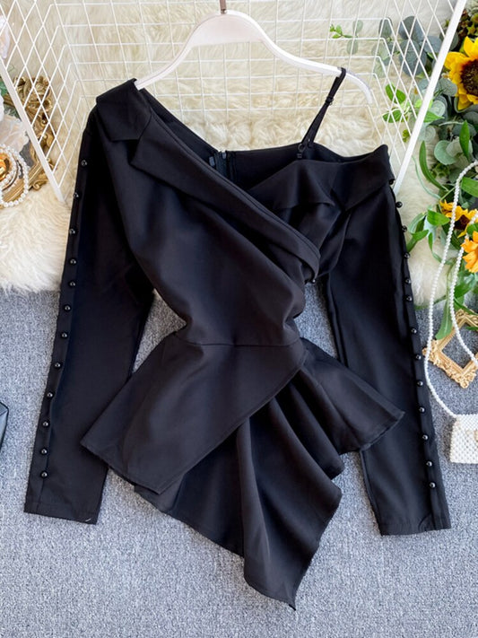 Dam Blus Modern Klassisk Monokrom Polyester med PĂ€rldetaljer-1