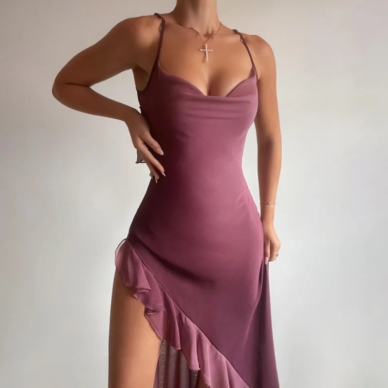 Maxiklänning Dam Rynkad med Sidoslits i Lätt Polyester-4