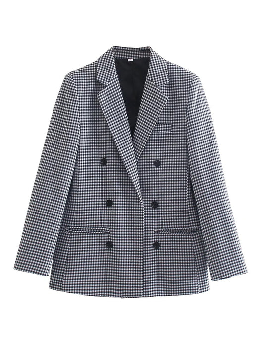 Dam Blazer Modern Kontrollmönster Bomull Polyester Elegant Casual-1