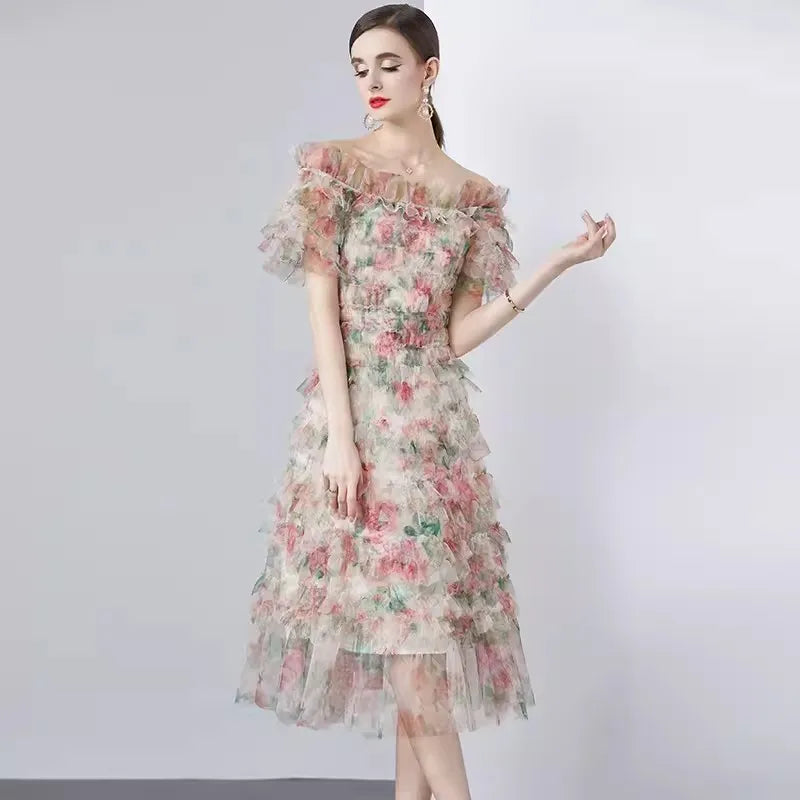 Kvinna Midi Klänning A-Line Fyrkantig Halsringning Bomullsblandning-2