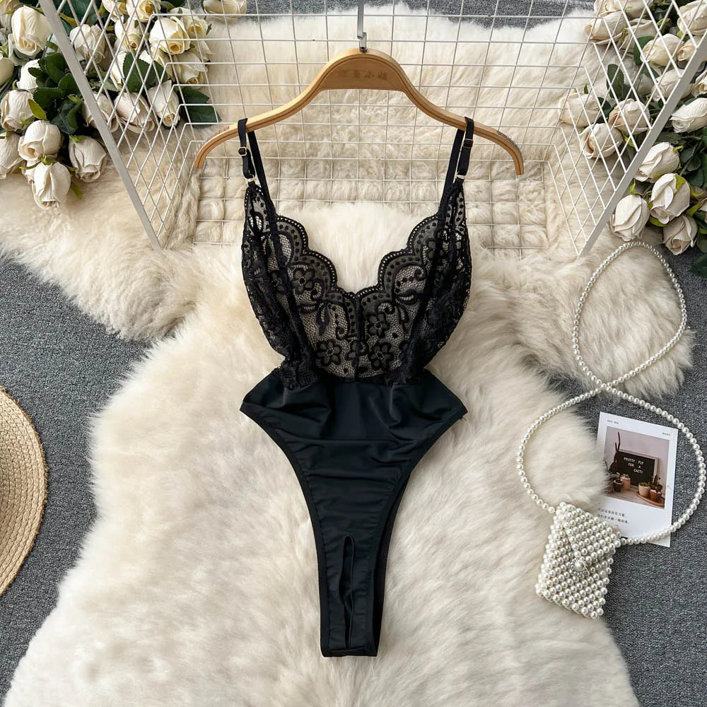 Dam Bodysuit Monokrom Spets Polyester Elegant Design 8