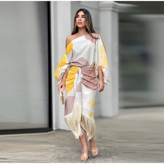 Dam Uppsättning Boho Stil Figurnära Kjol och Blus Högkvalitativt Material 1