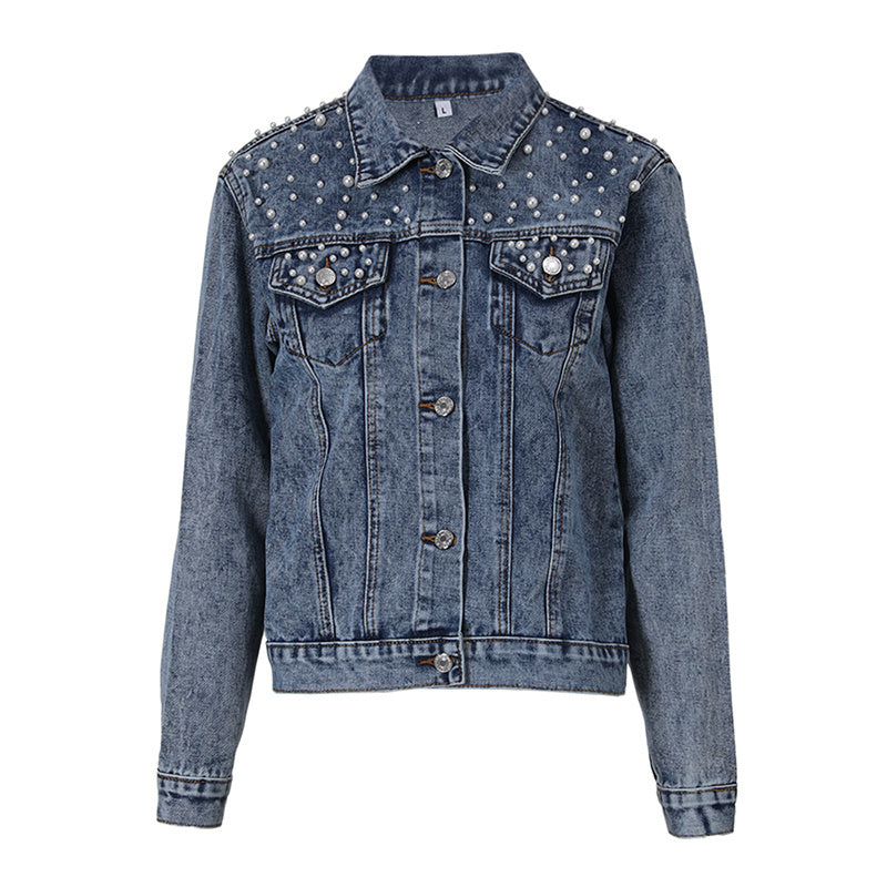 Jeansjacka Dam med Pärldekoration Avslappnad Denim 5