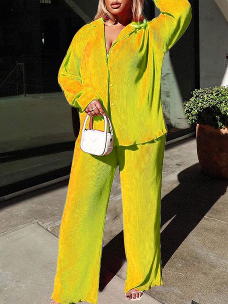 Kvinnors Lång Skjorta och Breda Byxor Tvådelad Uppsättning Högkvalitativt Material-3