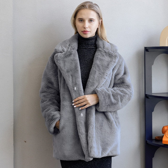 Damjacka Vinter Kappa i Konstpäls Modern Design med Fickor 13